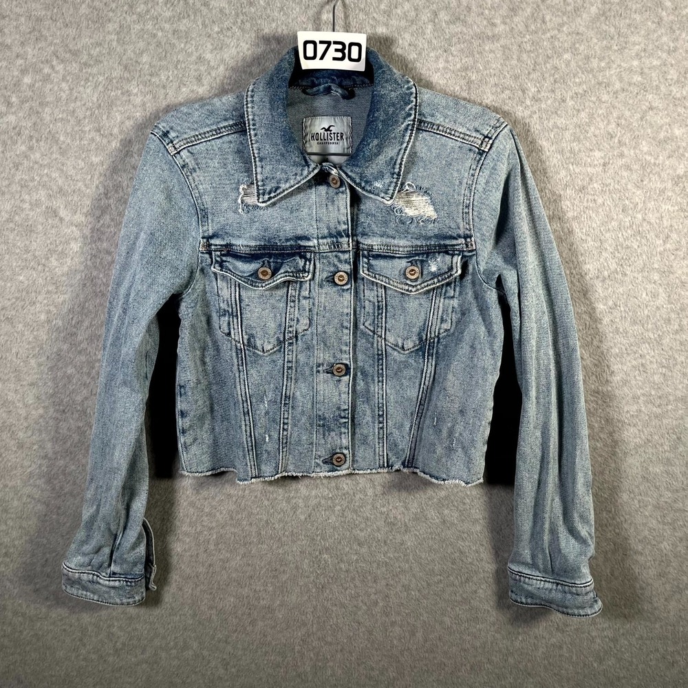 Hollister California Trucker Jacket Womens‎ S Blue Denim Medium Wash Distressed